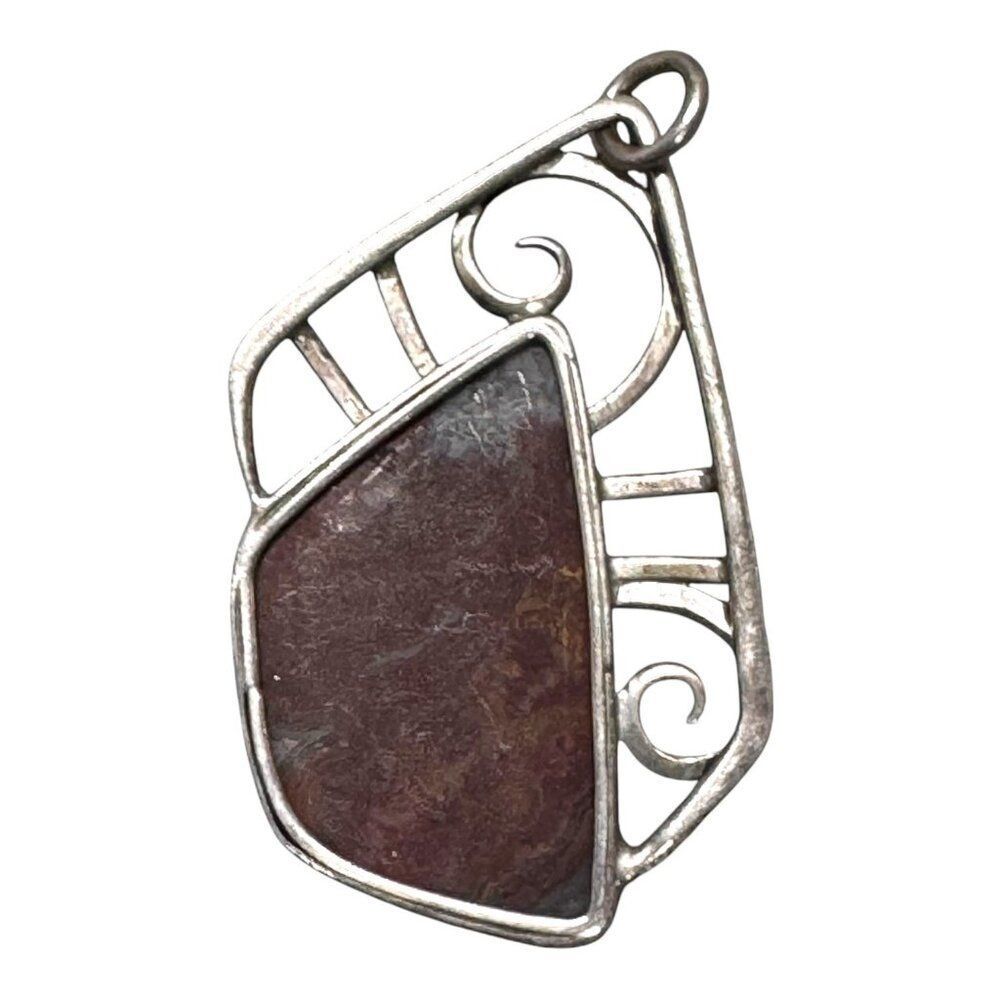 Vintage Silver & Red Jasper Artisan Pendant Art Deco Elegant Design Statement 2" - Picture 2 of 4